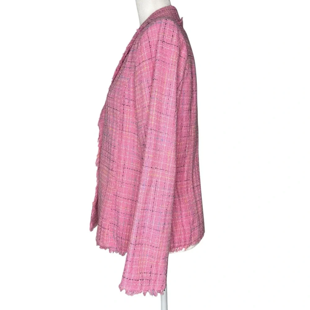 Anne‎ Carson Silk Tweed Blazer M Jacket Pink Frayed Hem Office Career Barbiecore